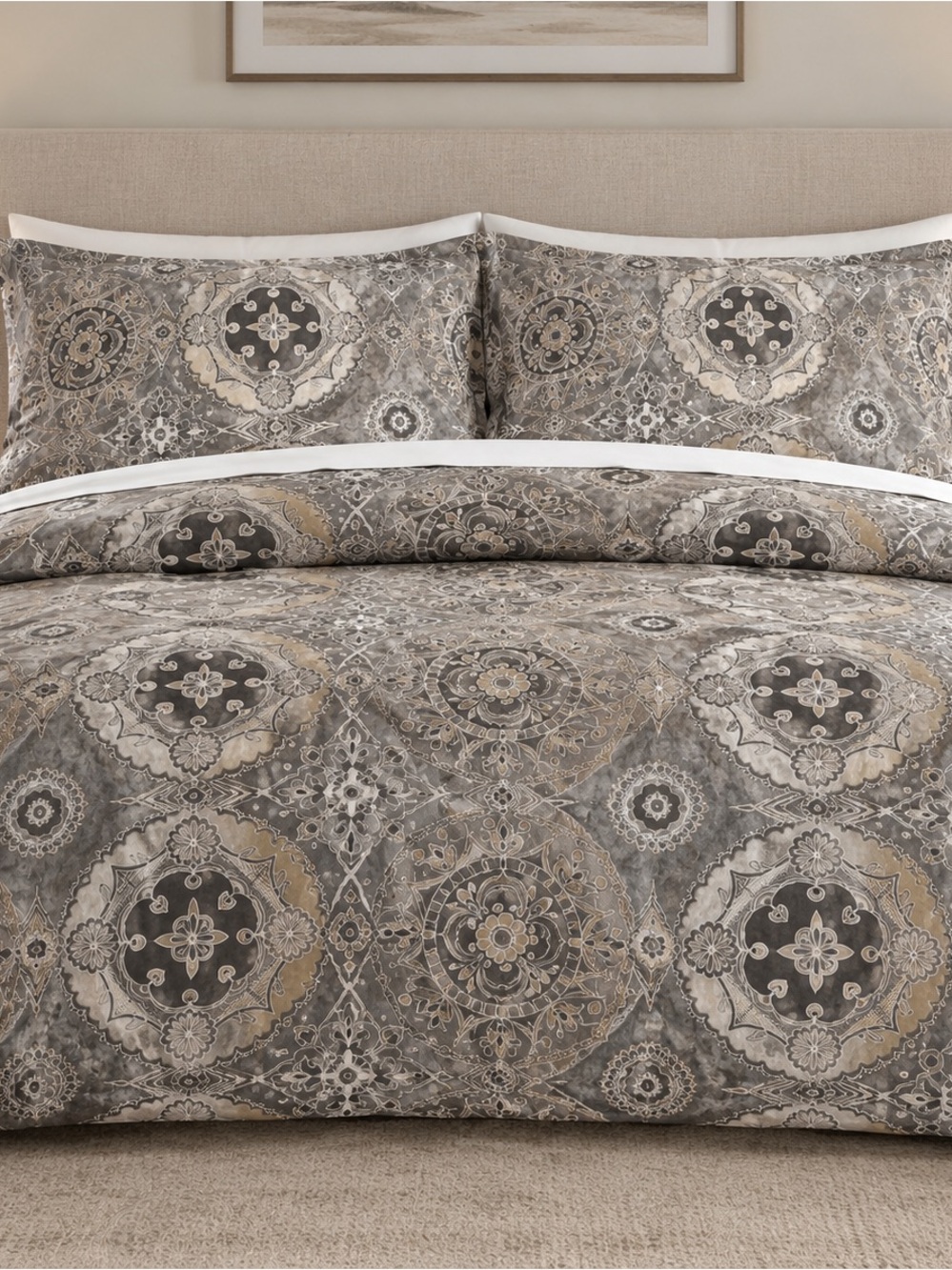 Pottery Barn Taupe Gray Medallion King Duvet Cover and 2 King Pillow Shams